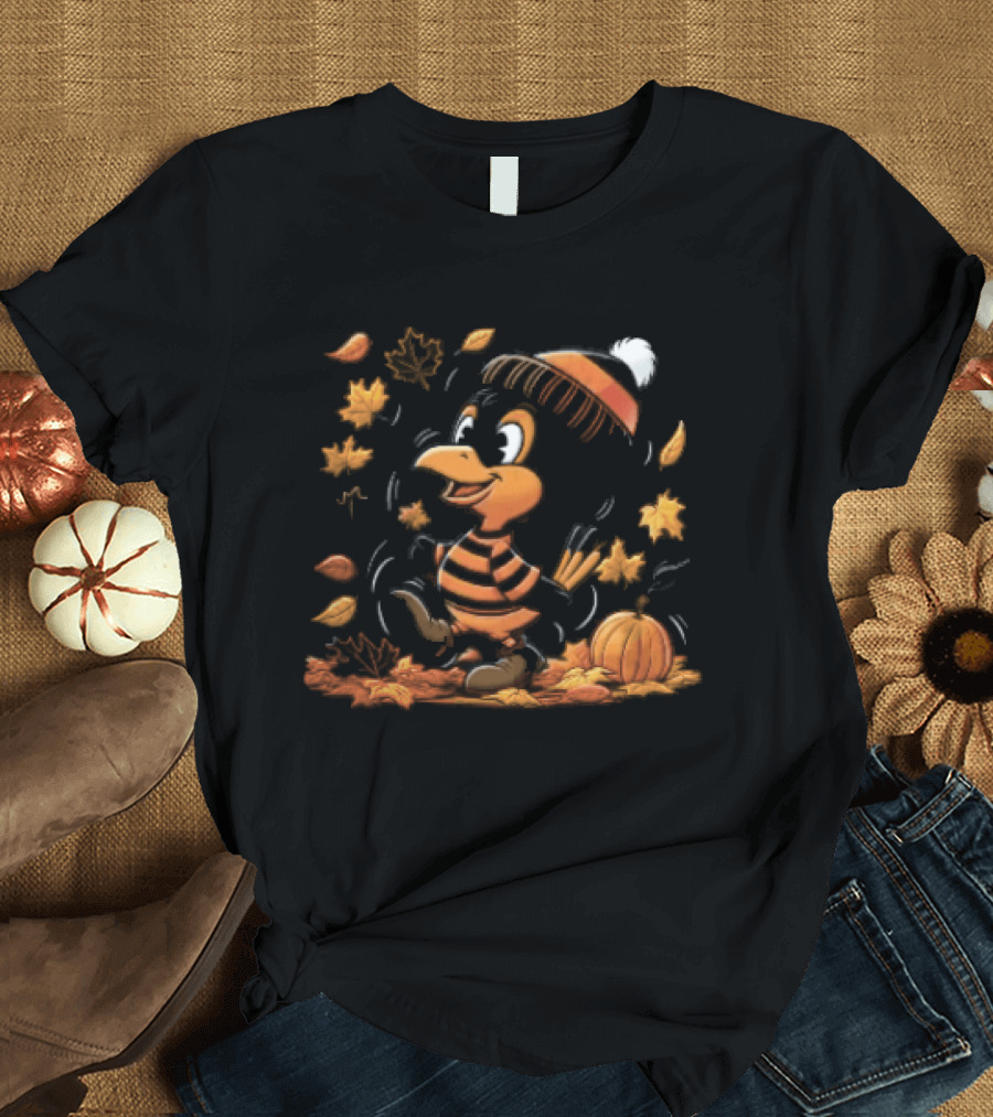 Cartoon Black And Orange Bird Beanie Hat Pumpkin Autumn Falling Leaves T-Shirt