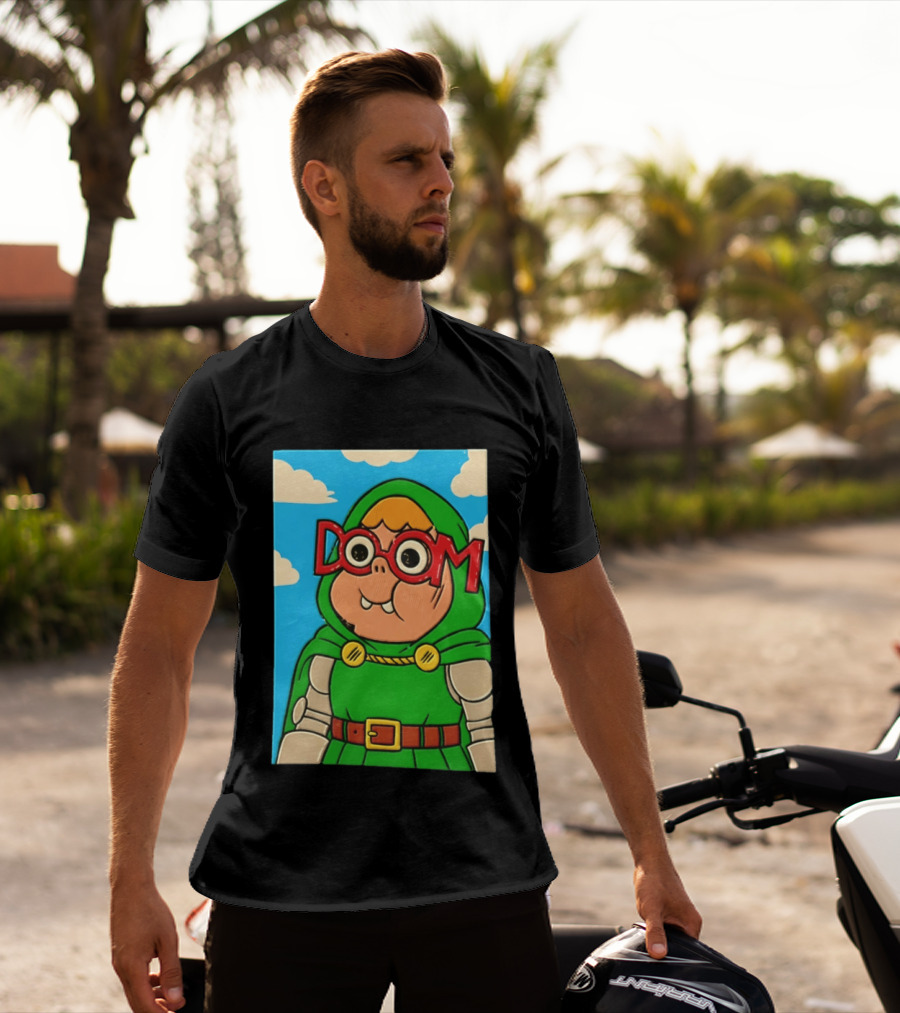 Clarence Doctor Doom Cartoon Crossover DOOM Glasses Green Hood Clouds T-Shirt