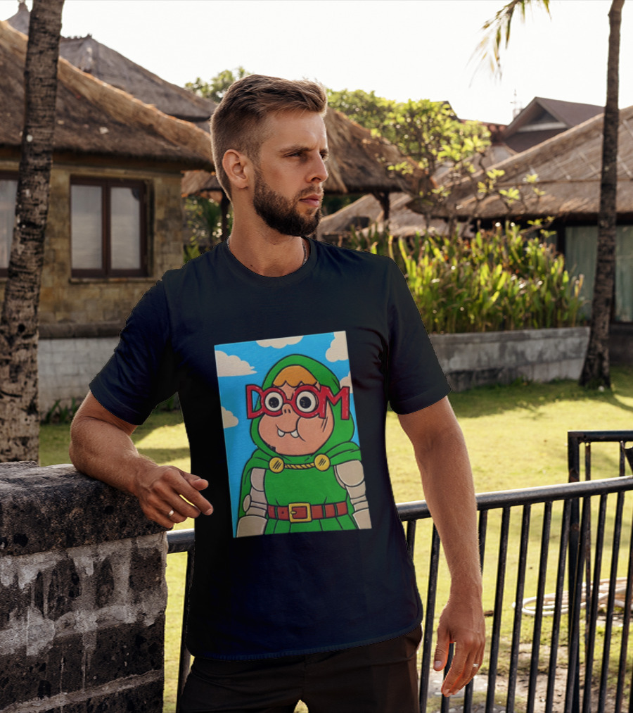 Clarence Doctor Doom Cartoon Crossover DOOM Glasses Green Hood Clouds T-Shirt