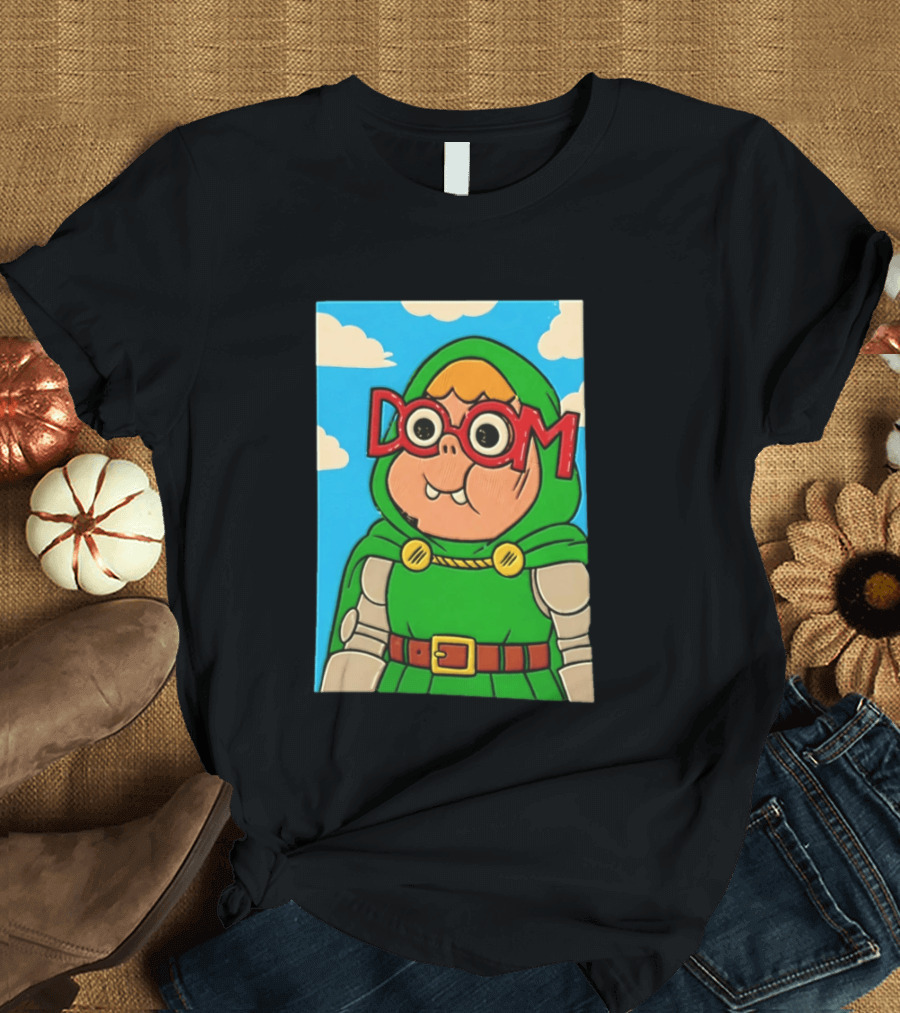 Clarence Doctor Doom Cartoon Crossover DOOM Glasses Green Hood Clouds T-Shirt