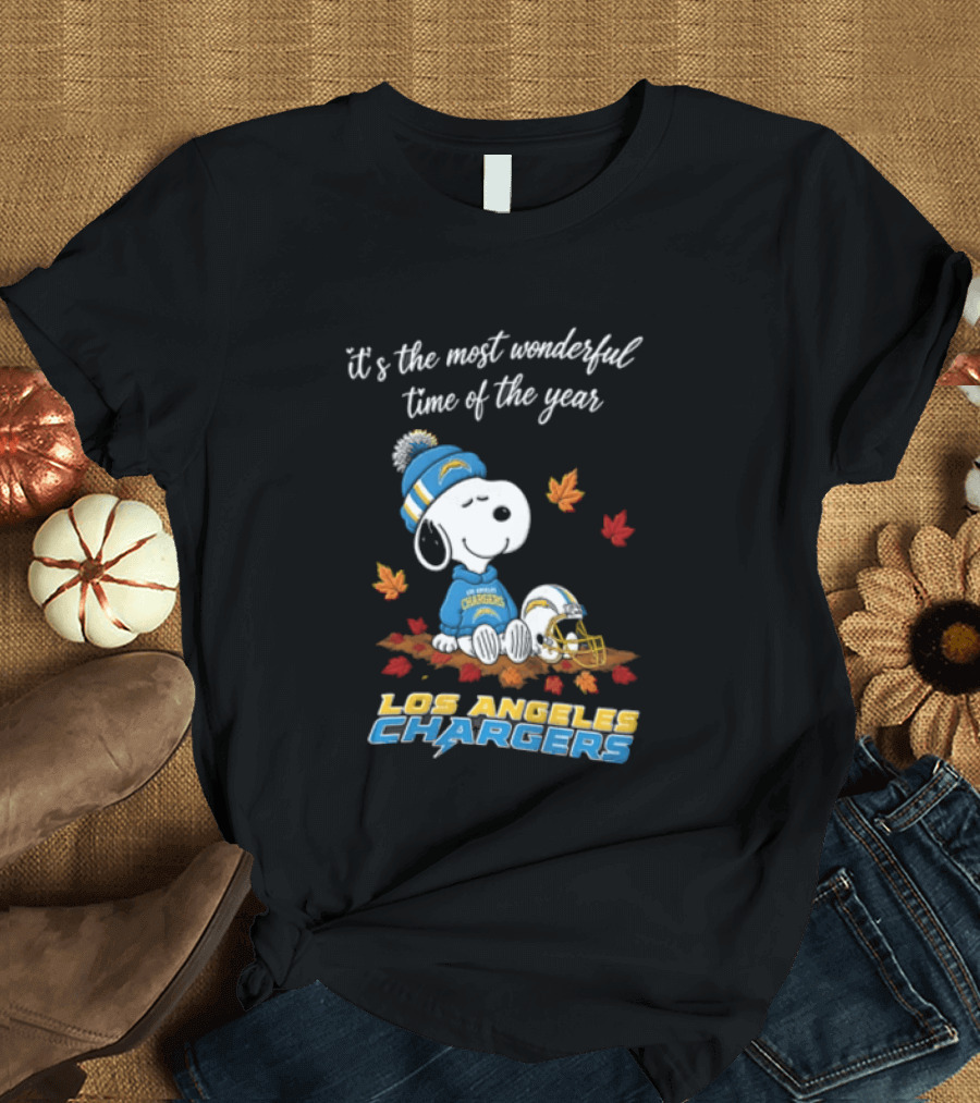 It's The Most Wonderful Time Of The Year Snoopy Los Angeles Chargers Beanie Autumn Leaves Football Helmet T-Shirt