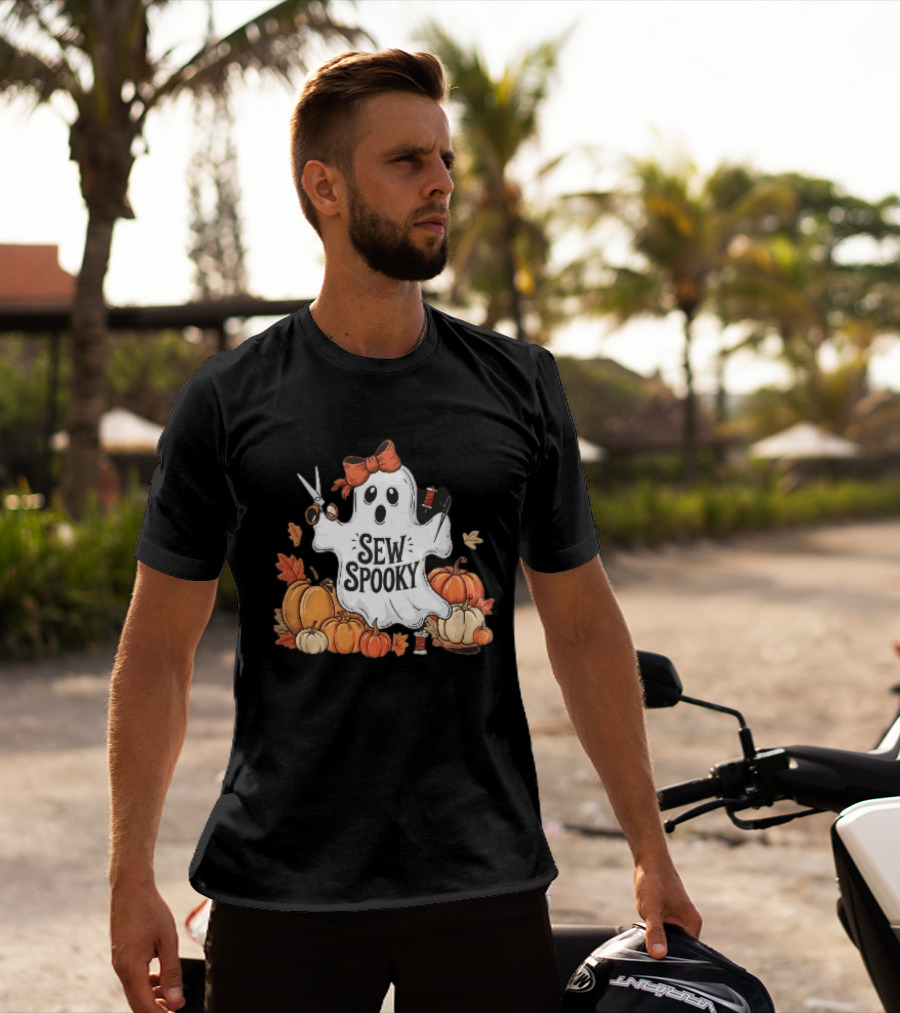 Sew Spooky Ghost With Bow Scissors Pumpkins Autumn Leaves Thread Spools T-Shirt
