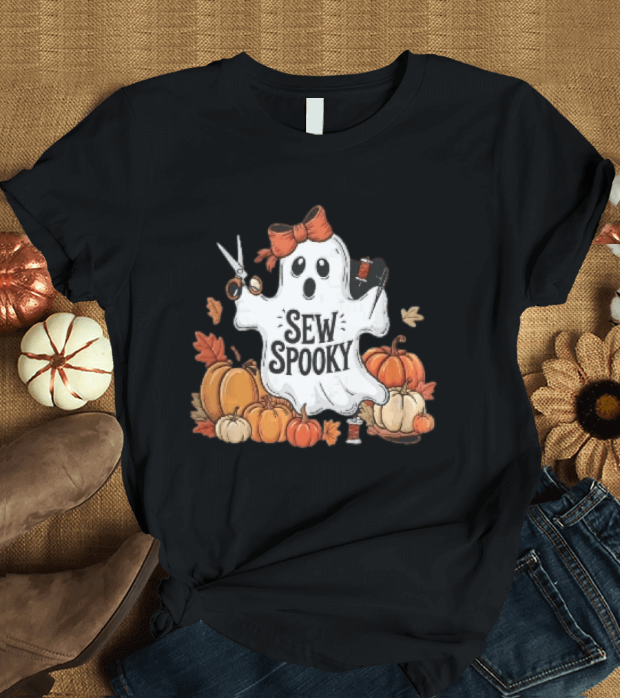 Sew Spooky Ghost With Bow Scissors Pumpkins Autumn Leaves Thread Spools T-Shirt