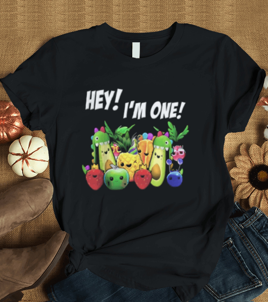 Hey Im One Birthday Cartoon Avocado Pineapple Fruits T-Shirt