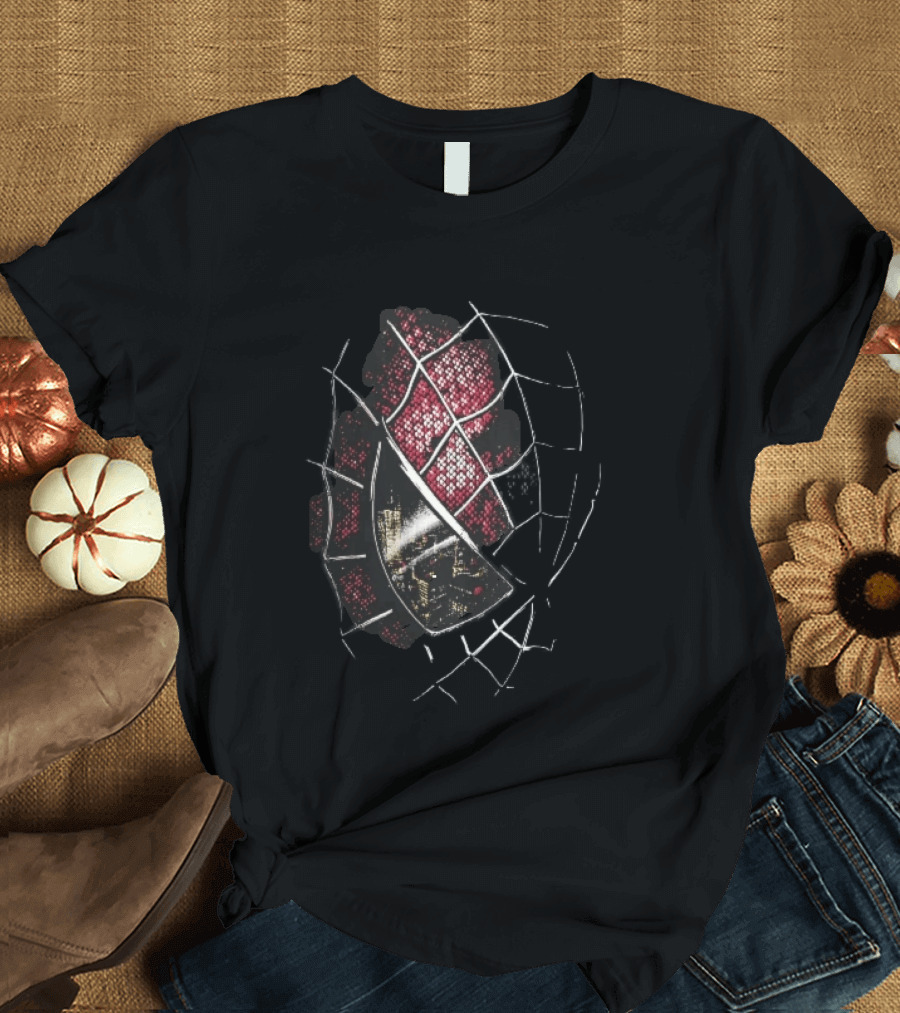 Spider Man Mask With City Skyline Reflection In Night Sketch Lines T-Shirt