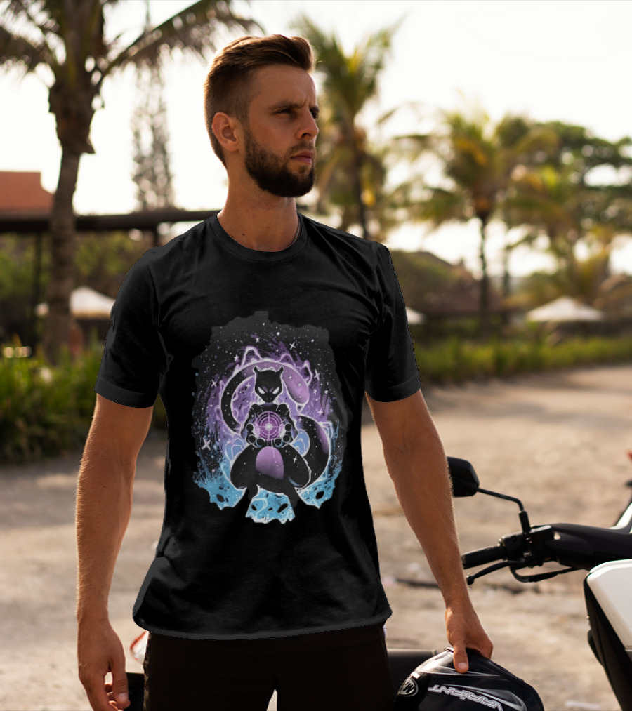 Mewtwo Cosmic Purple Energy Sphere Galaxy Stars Blue Flames T-Shirt