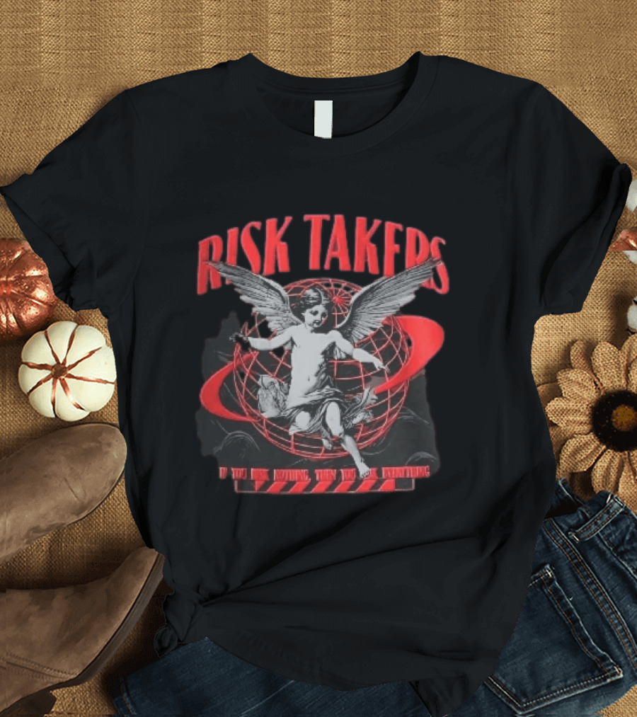 Risk Takers Winged Cherub If You Risk Nothing Then You Risk Everything Red Grid Globe T-Shirt