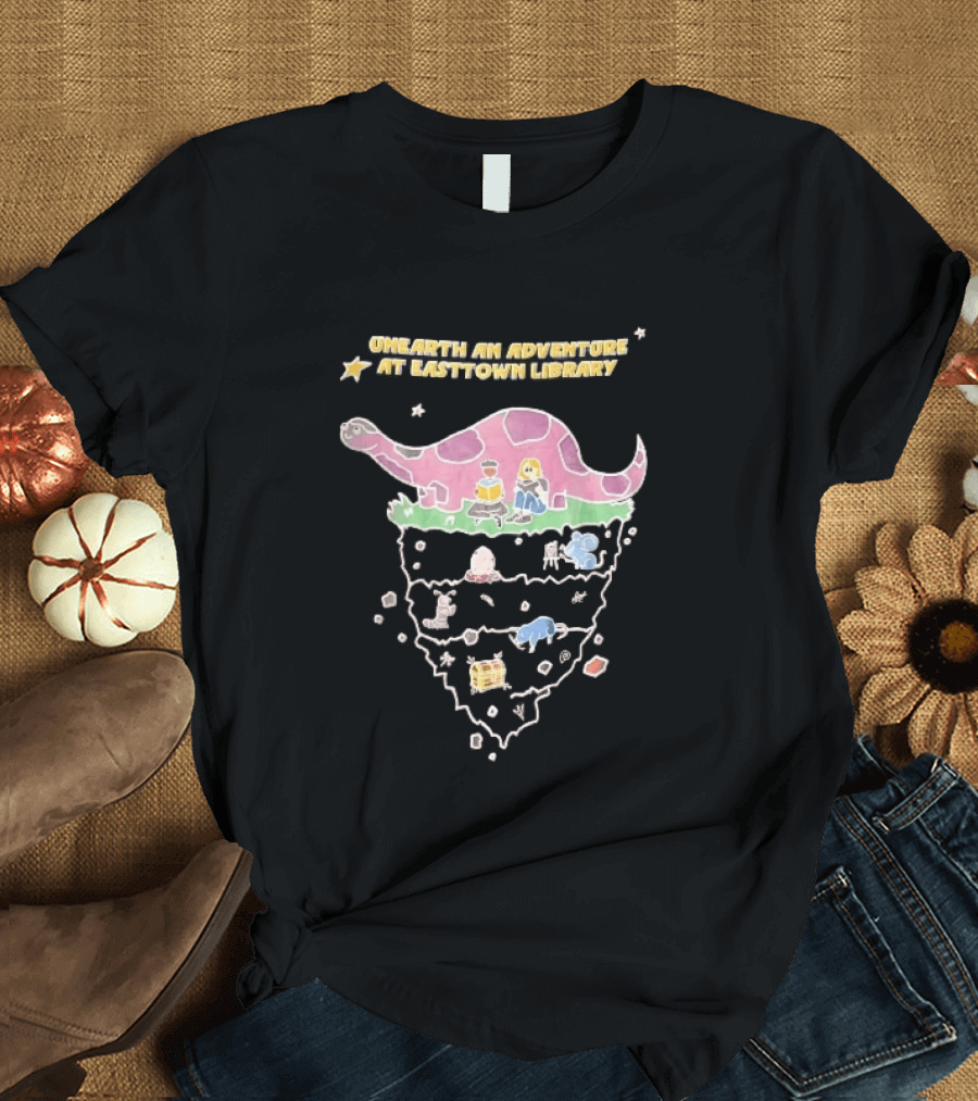 Unearth An Adventure At Easttown Library Pink Dinosaur Journey T-Shirt