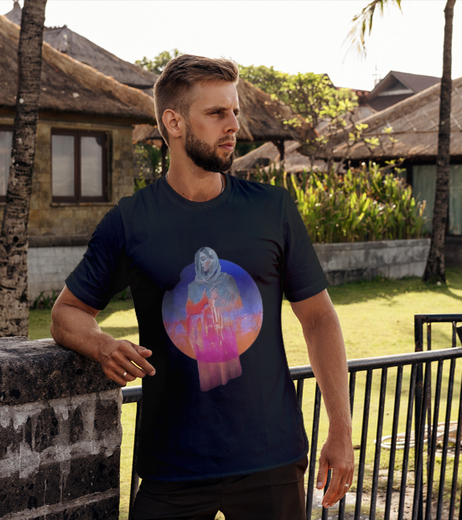 Veiled Hooded Cloak Double Exposure Bare Trees Glowing Sunset Globe T-Shirt