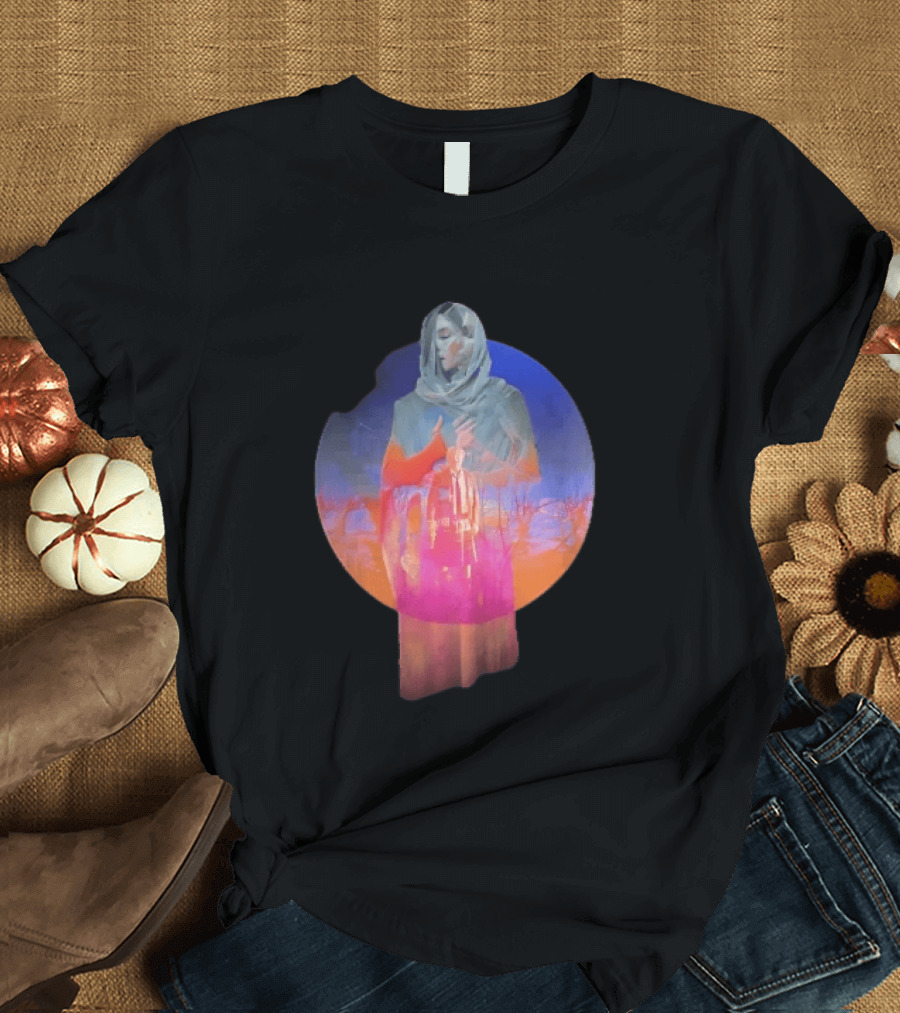 Veiled Hooded Cloak Double Exposure Bare Trees Glowing Sunset Globe T-Shirt