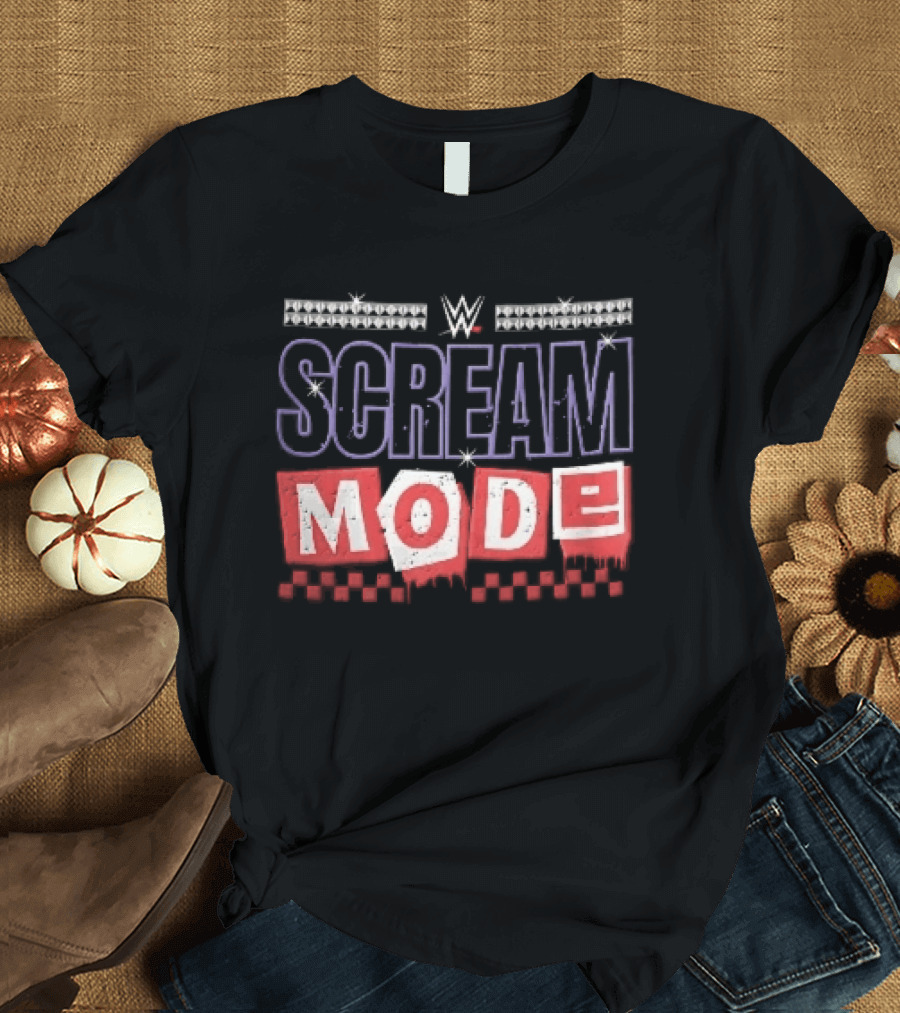 Scream Mode WWE Silver Studs Red Cutout Dripping Blocks Checkered T-Shirt