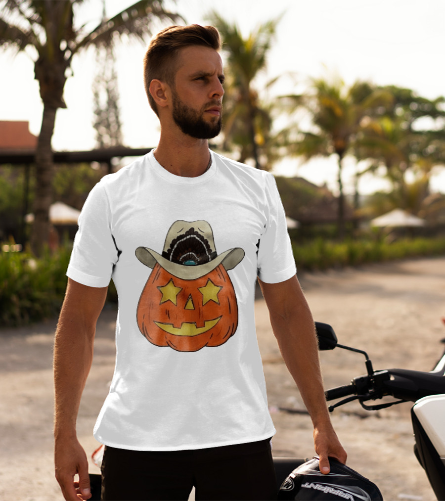 Starry Eyed Jack O Lantern Pumpkin Cowboy Hat Feather T-Shirt