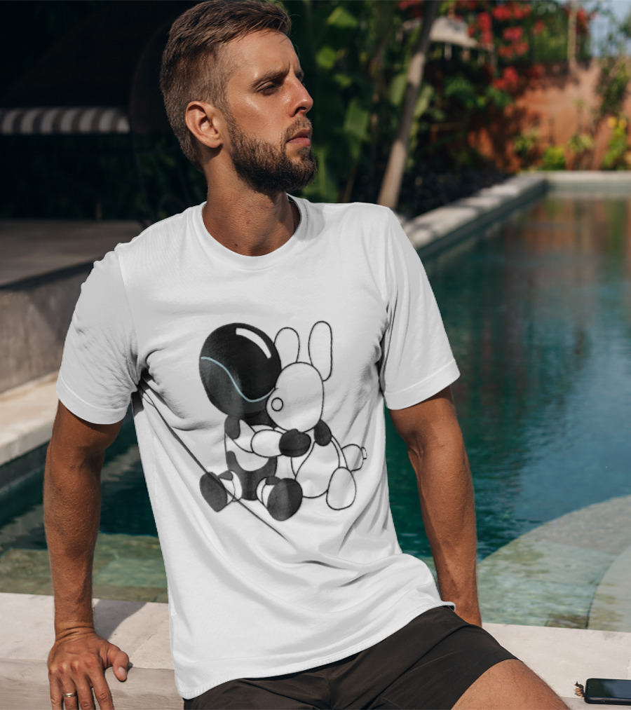 Cartoon Robot Embracing White Bunny Plush Toy T-Shirt