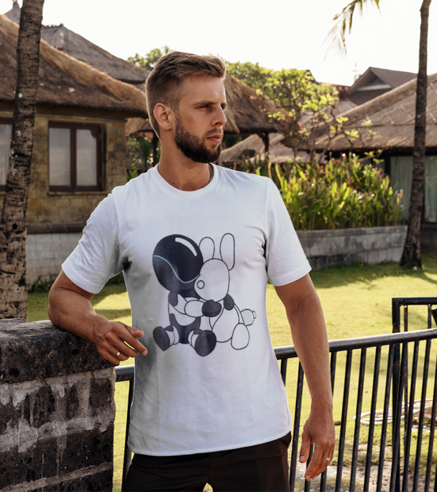 Cartoon Robot Embracing White Bunny Plush Toy T-Shirt