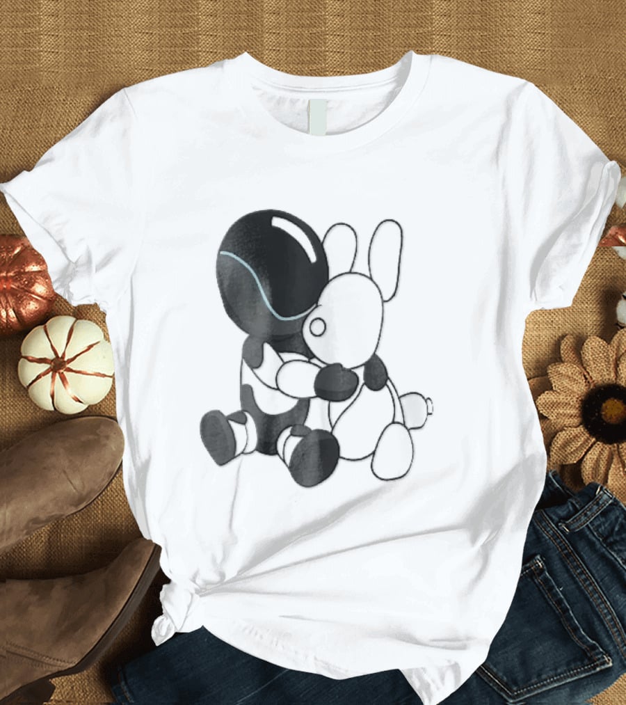 Cartoon Robot Embracing White Bunny Plush Toy T-Shirt