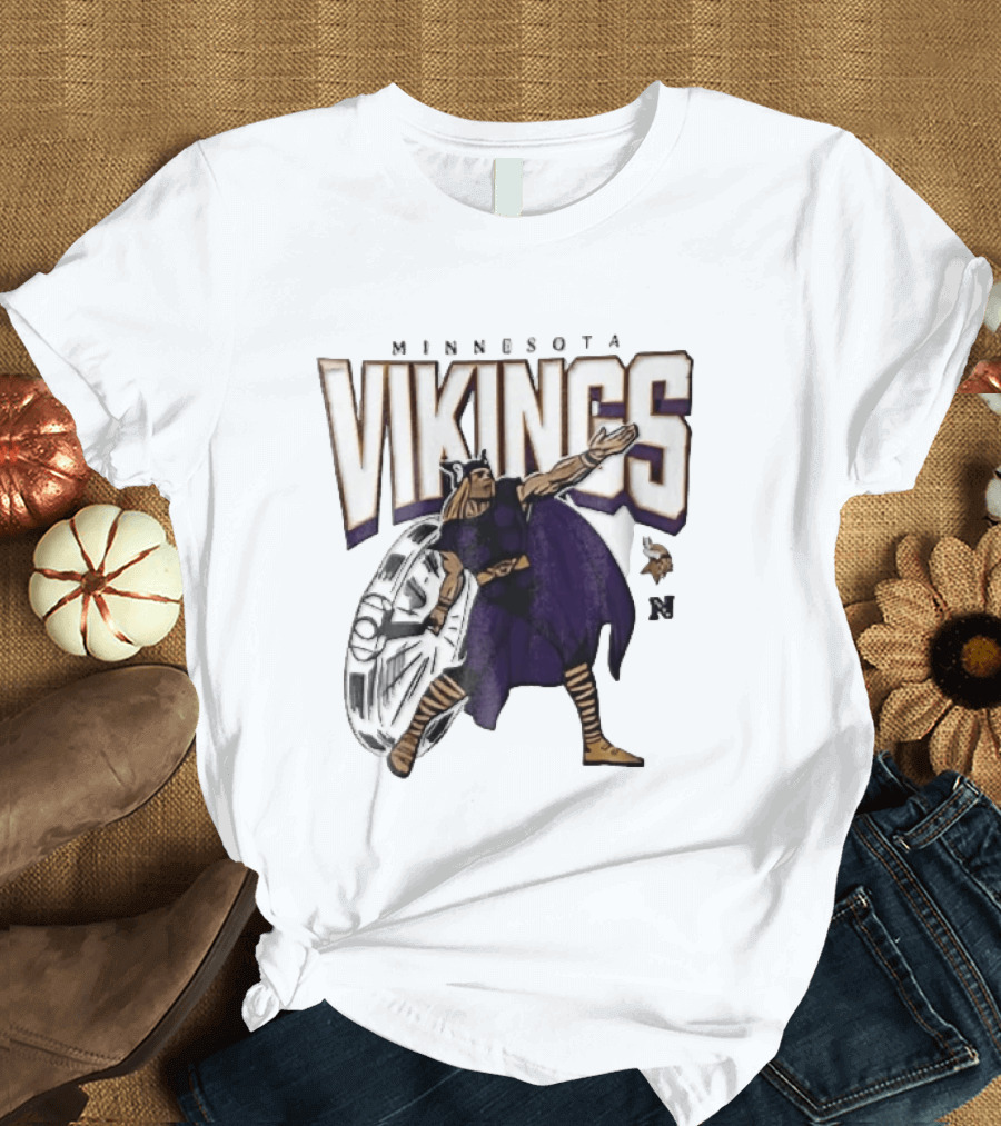 Minnesota Vikings Horned Helmet Warrior With Chrome Shield And Purple Cape T-Shirt