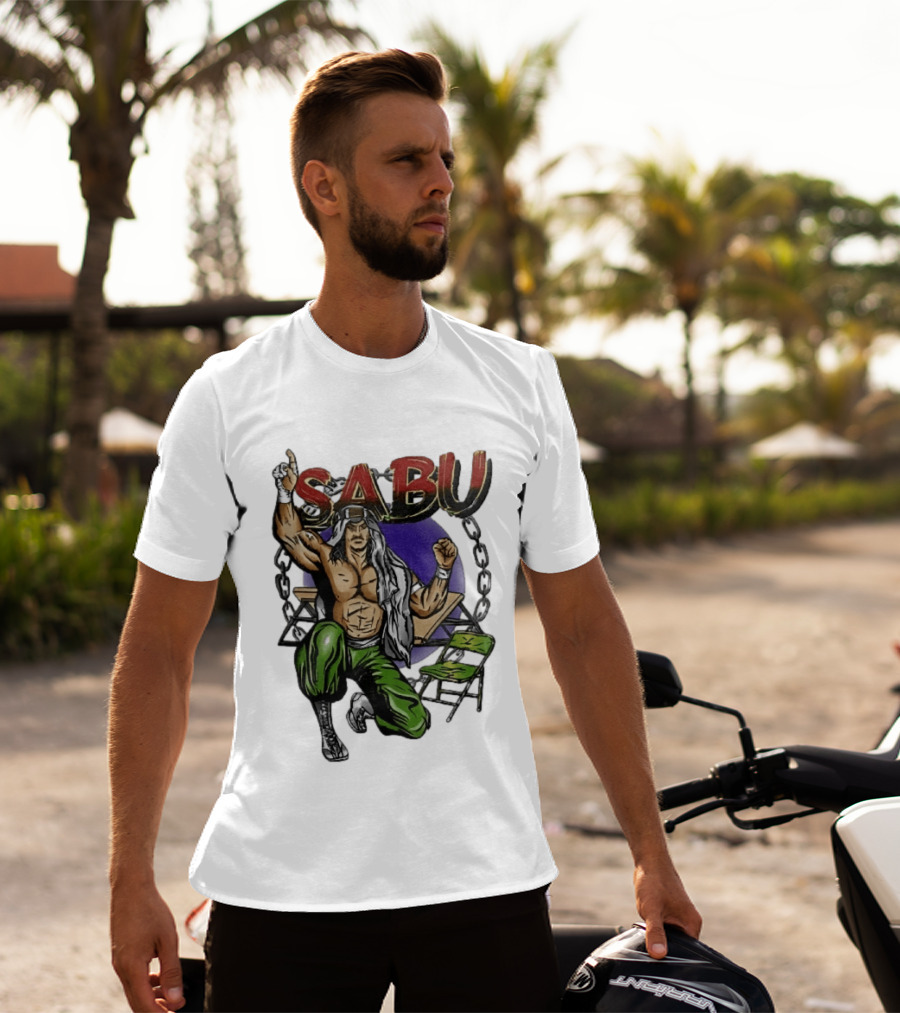 Sabu Terry Brunk Cartoon Kneeling Pose Green Chair Wooden Table Chains T-Shirt