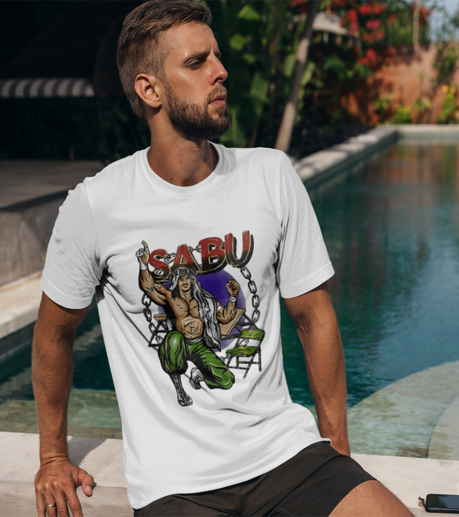 Sabu Terry Brunk Cartoon Kneeling Pose Green Chair Wooden Table Chains T-Shirt