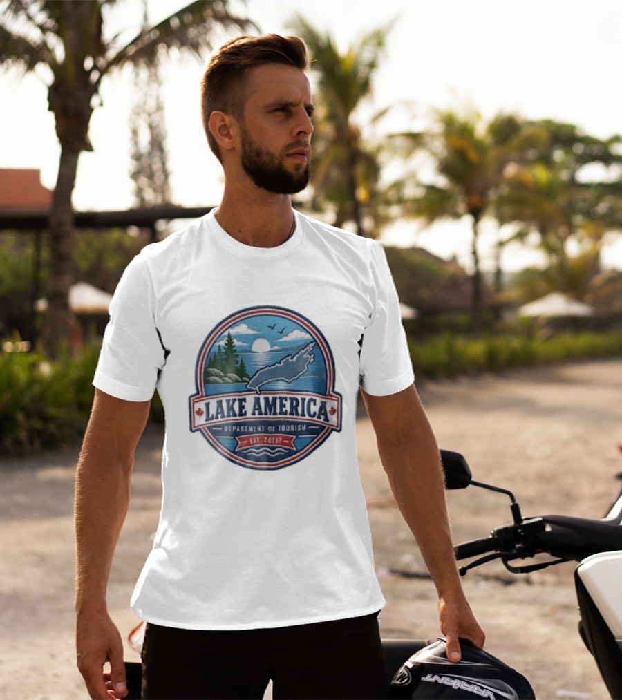 Lake America Department Of Tourism Est 2026 Circular Sunrise Pine Trees Scenic Landscape T-Shirt
