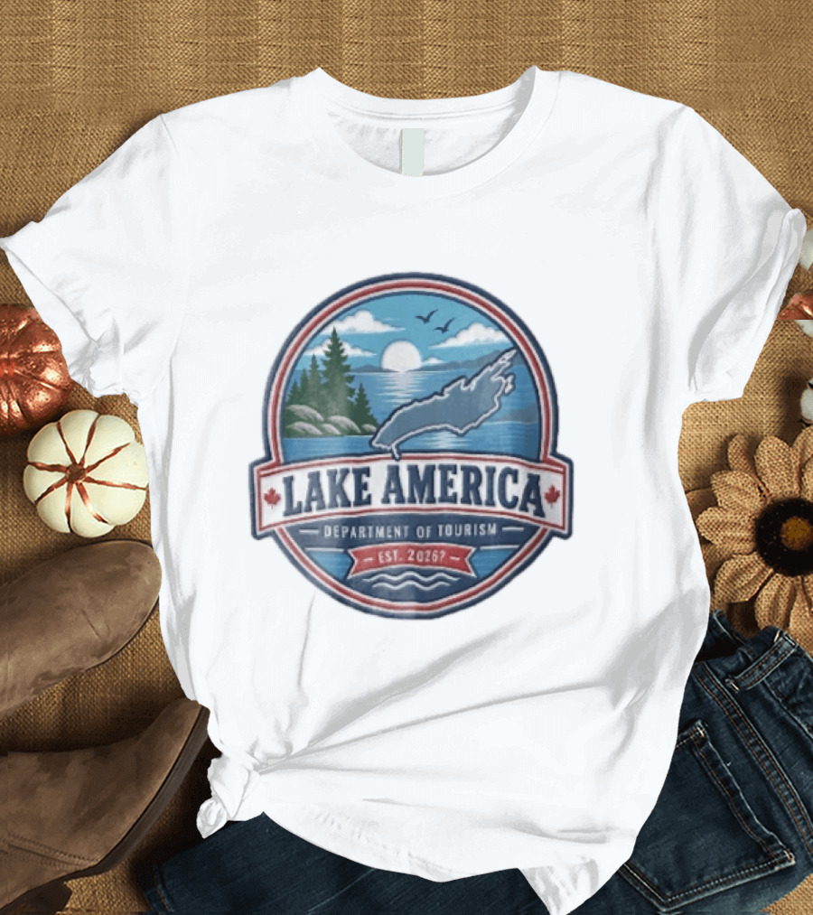 Lake America Department Of Tourism Est 2026 Circular Sunrise Pine Trees Scenic Landscape T-Shirt