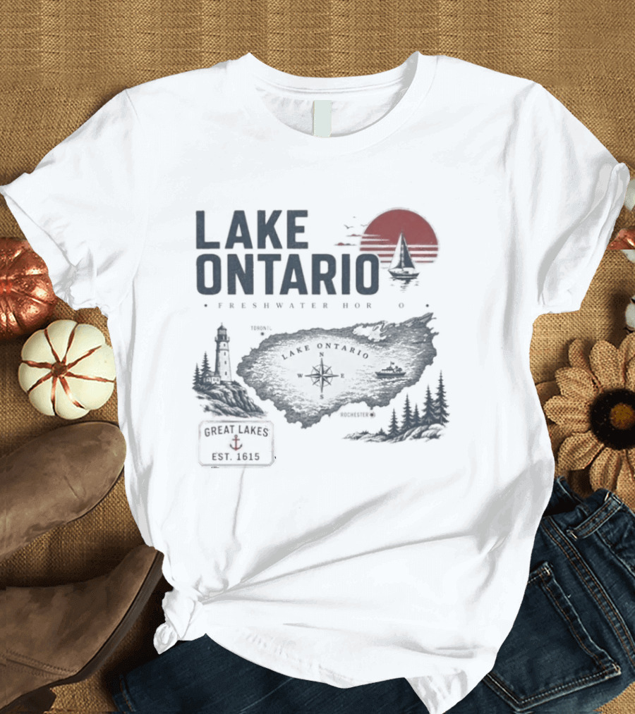 Lake Ontario Rochester Great Lakes Est 1615 Vintage Scenic Sunset License Plate Anchored Sailboat Lighthouse T-Shirt