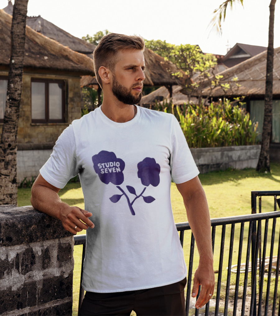 Studio Seven Hand Drawn Purple Flowers Stem Leaves T-Shirt