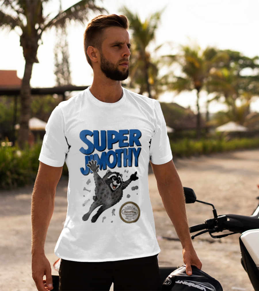 Super Jimothy Cartoon Flying Raccoon Trash Scraps Gold Seal T-Shirt