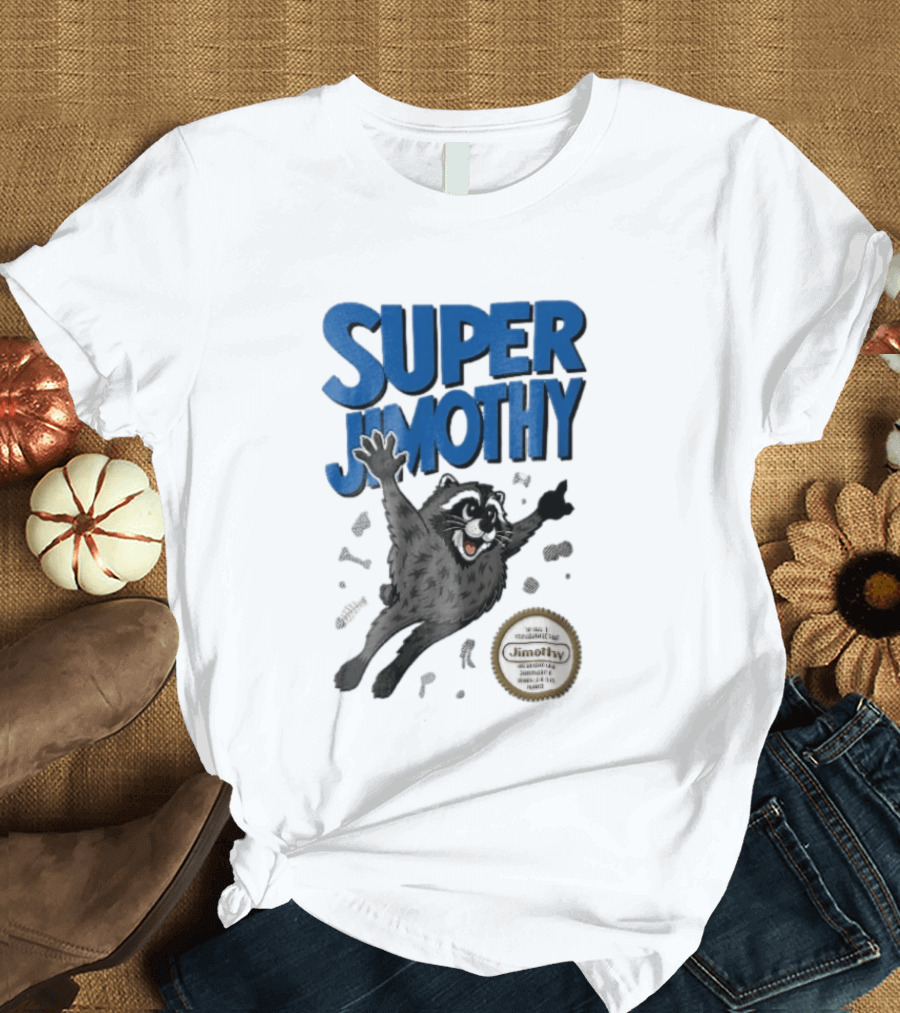 Super Jimothy Cartoon Flying Raccoon Trash Scraps Gold Seal T-Shirt