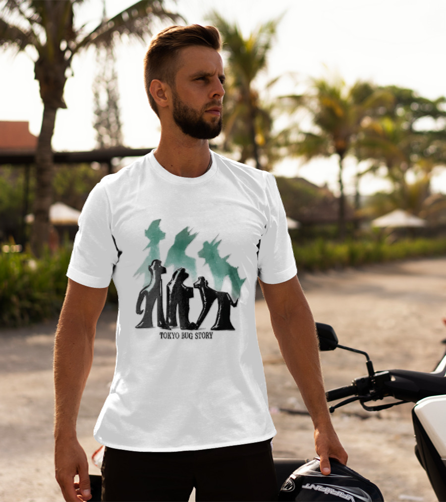Tokyo Bug Story Glossy Black Figures Green Watercolor Shadows T-Shirt