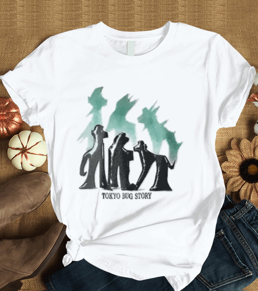 Tokyo Bug Story Glossy Black Figures Green Watercolor Shadows T-Shirt