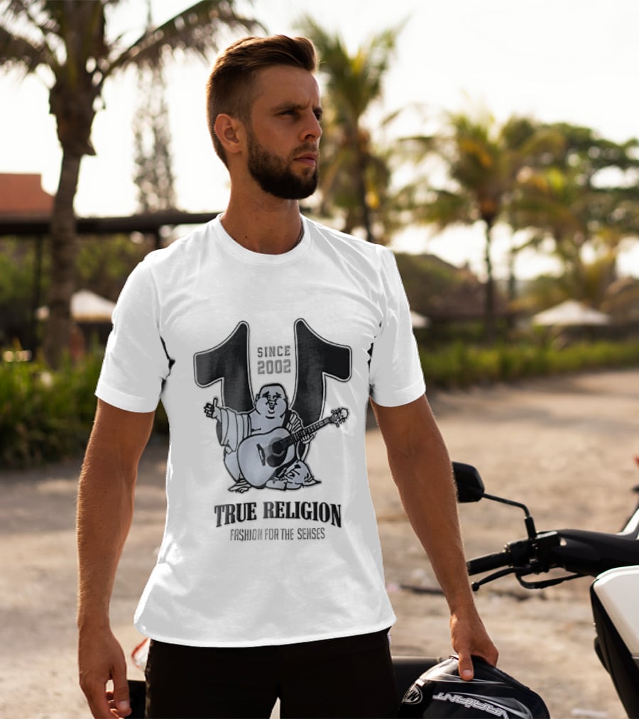 True Religion Since 2002 Laughing Buddha Playing Acoustic Guitar Horseshoe Fashion For The Senses T-Shirt