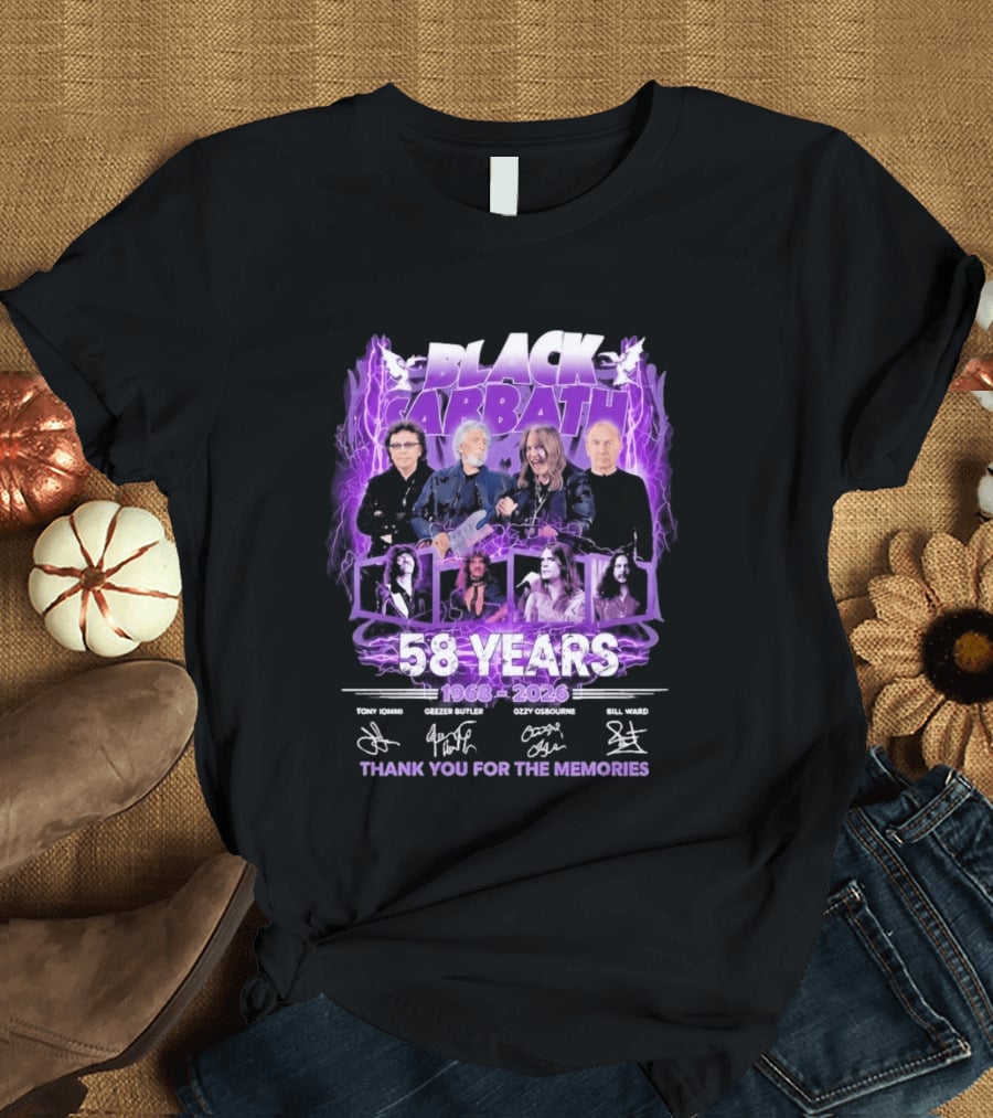 Black Sabbath 58 Years 1968 2026 Tony Iommi Geezer Butler Ozzy Osbourne Bill Ward Thank You For The Memories T-Shirt