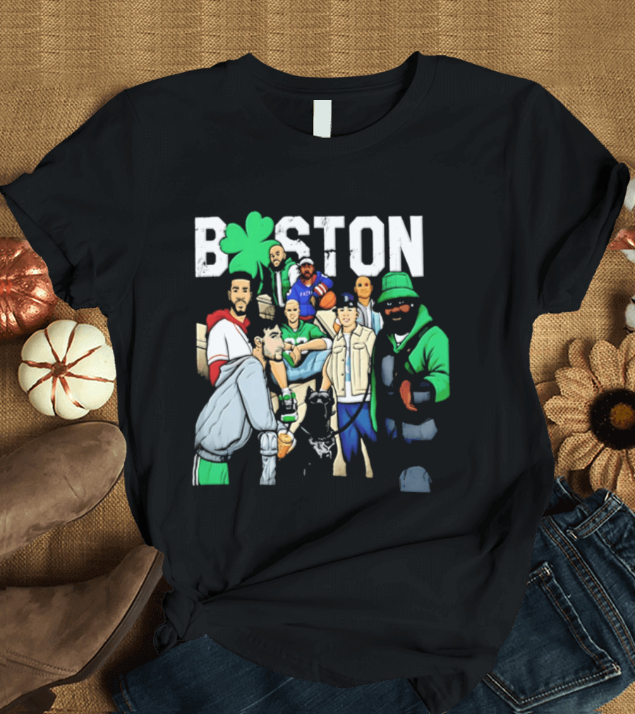 Boston Celtics Patriots Players With Shamrock And Boston T-Shirt