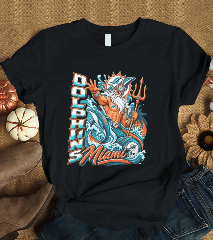 Miami Dolphins King Triton Ocean Waves Trident Dolphins T-Shirt