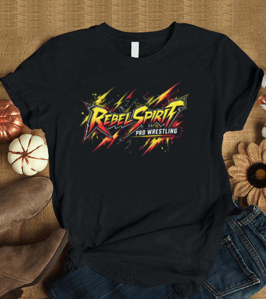 Rebel Spirit Pro Wrestling Spiky Lettering Paint Splatter Grunge Yellow Red Burst T-Shirt