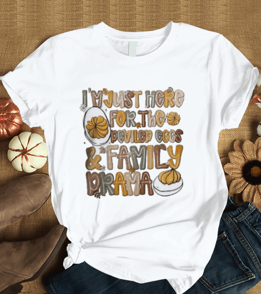 I'm Just Here For The Deviled Eggs And Family Drama Groovy Autumn Leaves T-Shirt