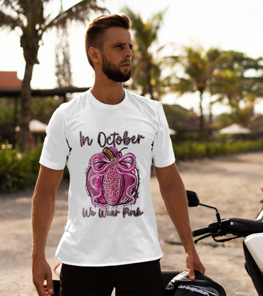 In October We Wear Pink Leopard Pumpkin Breast Cancer Ribbon Bow T-Shirt