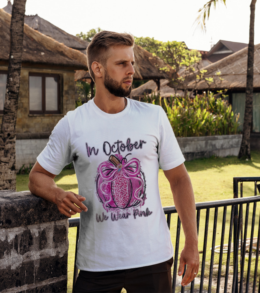 In October We Wear Pink Leopard Pumpkin Breast Cancer Ribbon Bow T-Shirt