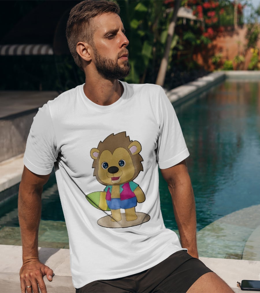 Lion Summer Surfing Adventure Cartoon T-Shirt