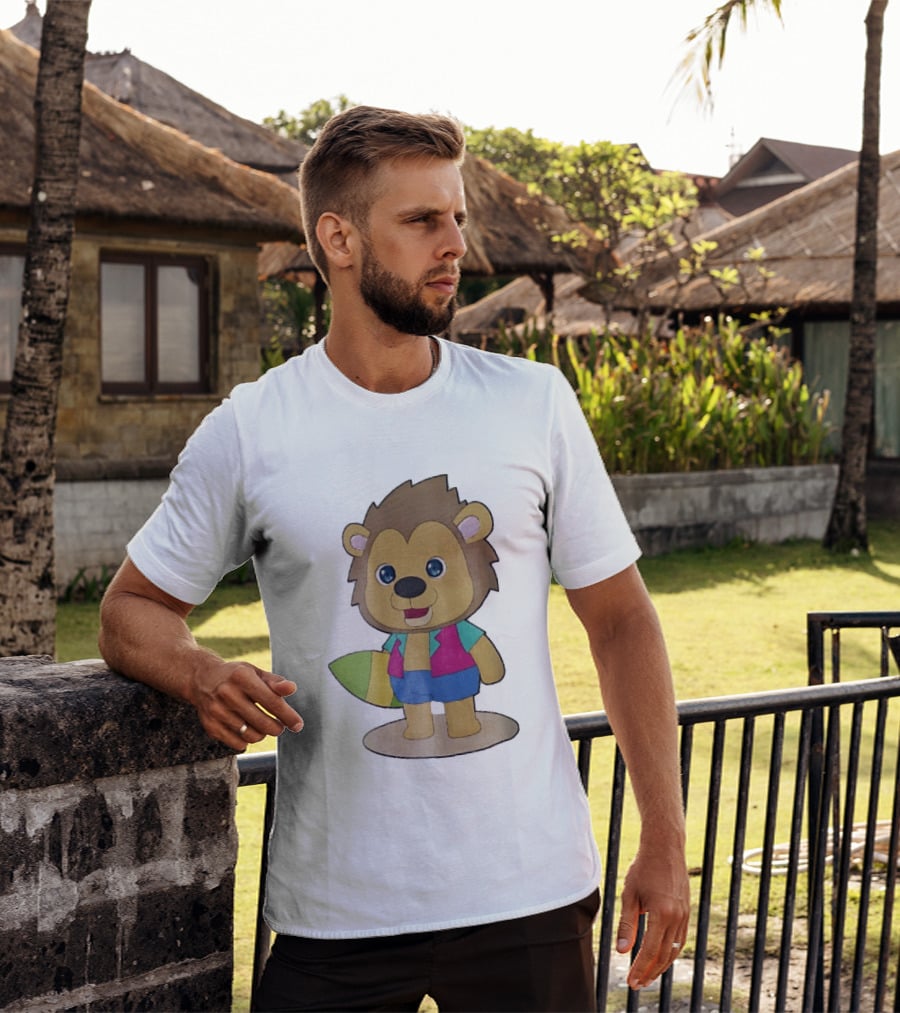 Lion Summer Surfing Adventure Cartoon T-Shirt