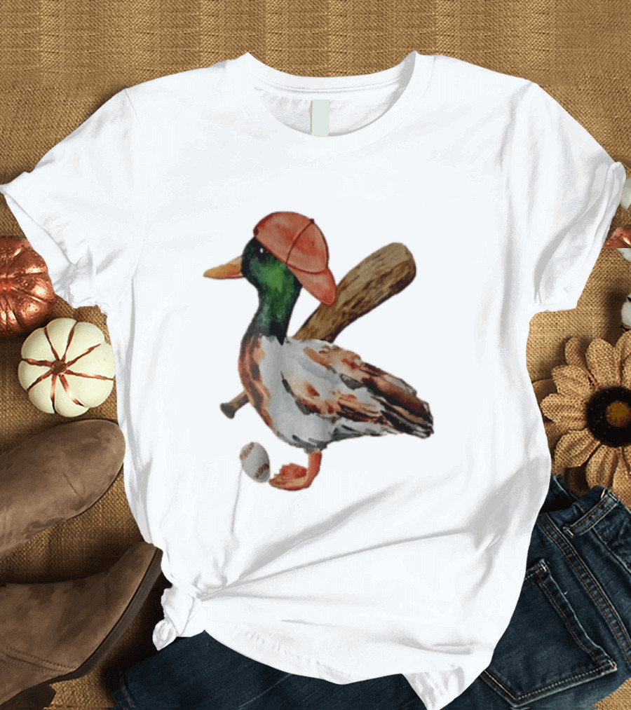 Mallard Duck Baseball Player Red Cap Wooden Bat Watercolor Mallard T-Shirt