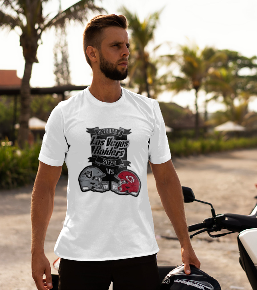 Las Vegas Raiders Vs 2026 October 4 Red Silver Opposing Football Helmets T-Shirt