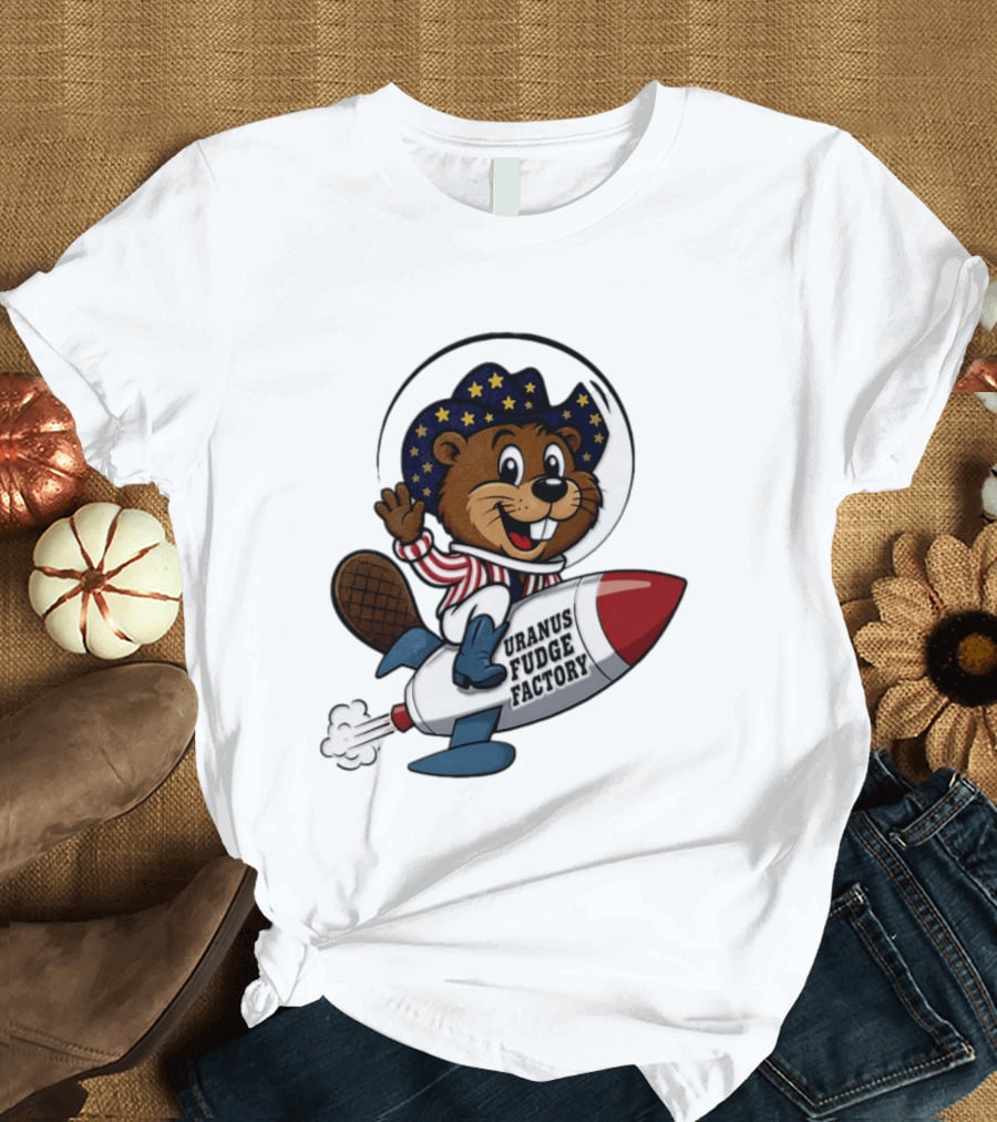 Uranus Fudge Factory Patriotic Beaver Riding Rocket T-Shirt