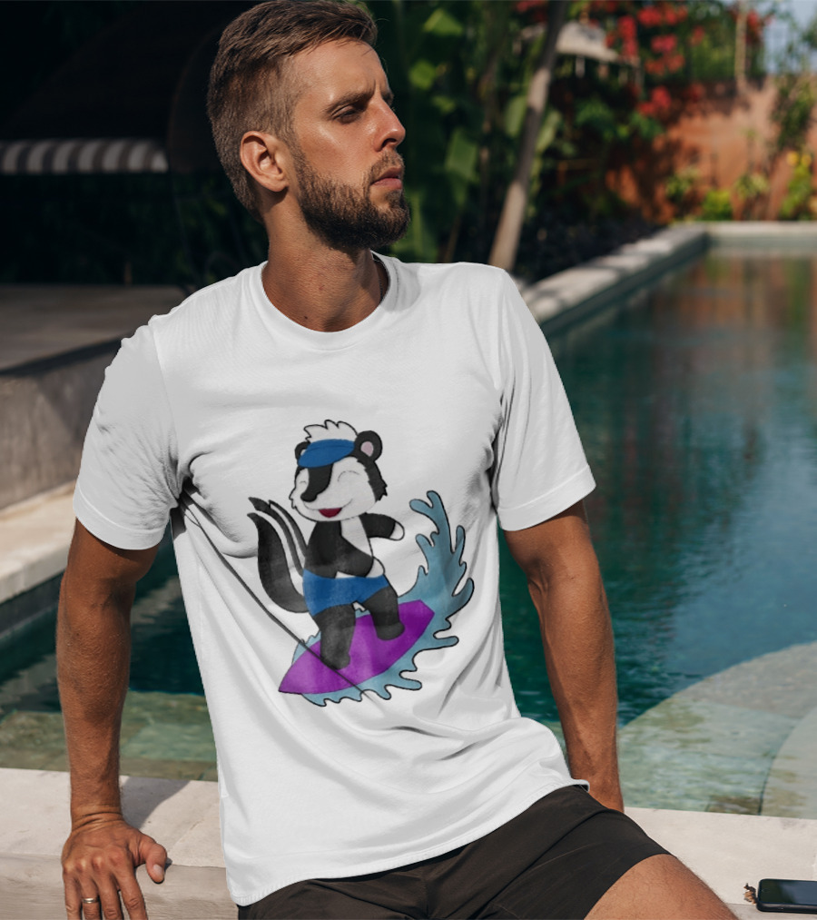 Skunk Surfing Cartoon On Purple Surfboard With Blue Waves And Summer Vibes T-Shirt
