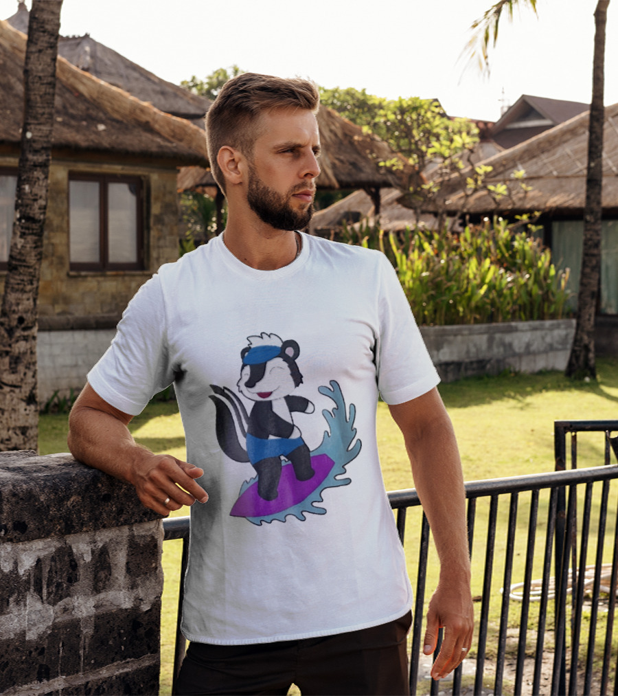 Skunk Surfing Cartoon On Purple Surfboard With Blue Waves And Summer Vibes T-Shirt