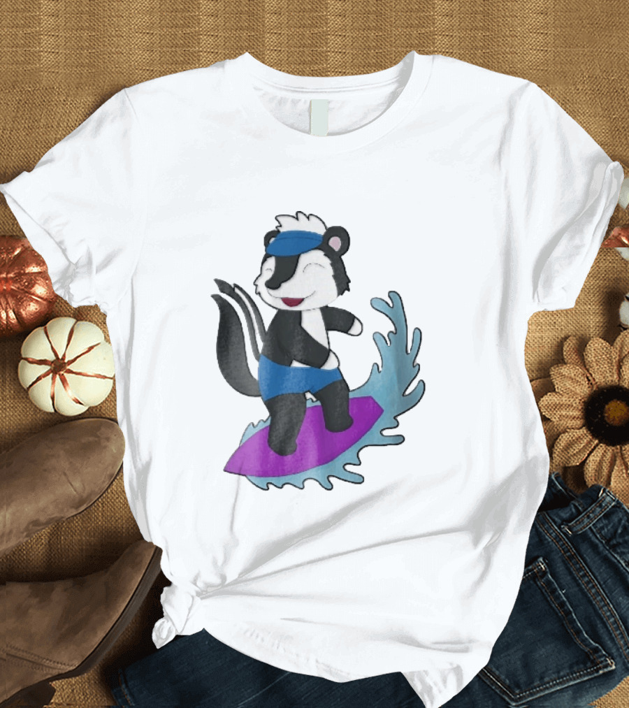 Skunk Surfing Cartoon On Purple Surfboard With Blue Waves And Summer Vibes T-Shirt