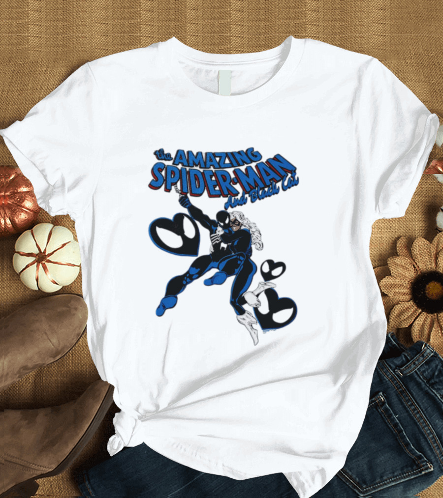 The Amazing Spider Man Hugs Black Cat With Hearts T-Shirt