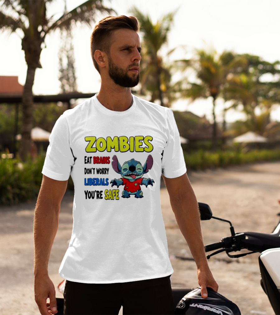 Zombies Eat Brains Don't Worry Liberals You're Safe Stitch Cartoon Creature Stitched Red T-Shirt