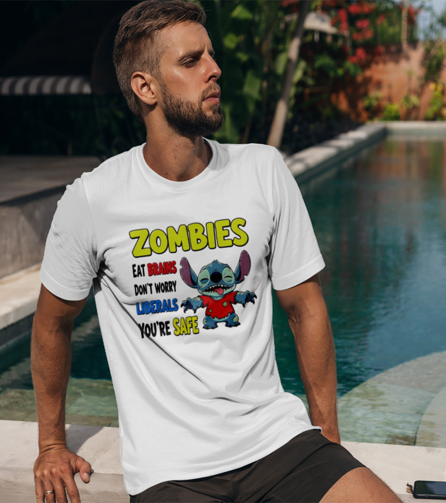 Zombies Eat Brains Don't Worry Liberals You're Safe Stitch Cartoon Creature Stitched Red T-Shirt
