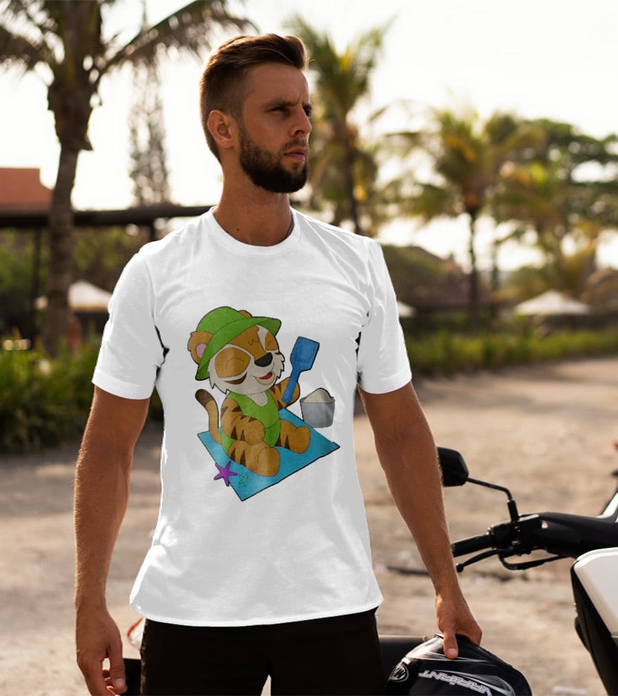 Playful Tiger Beach Sand Adventure Summer Scene T-Shirt